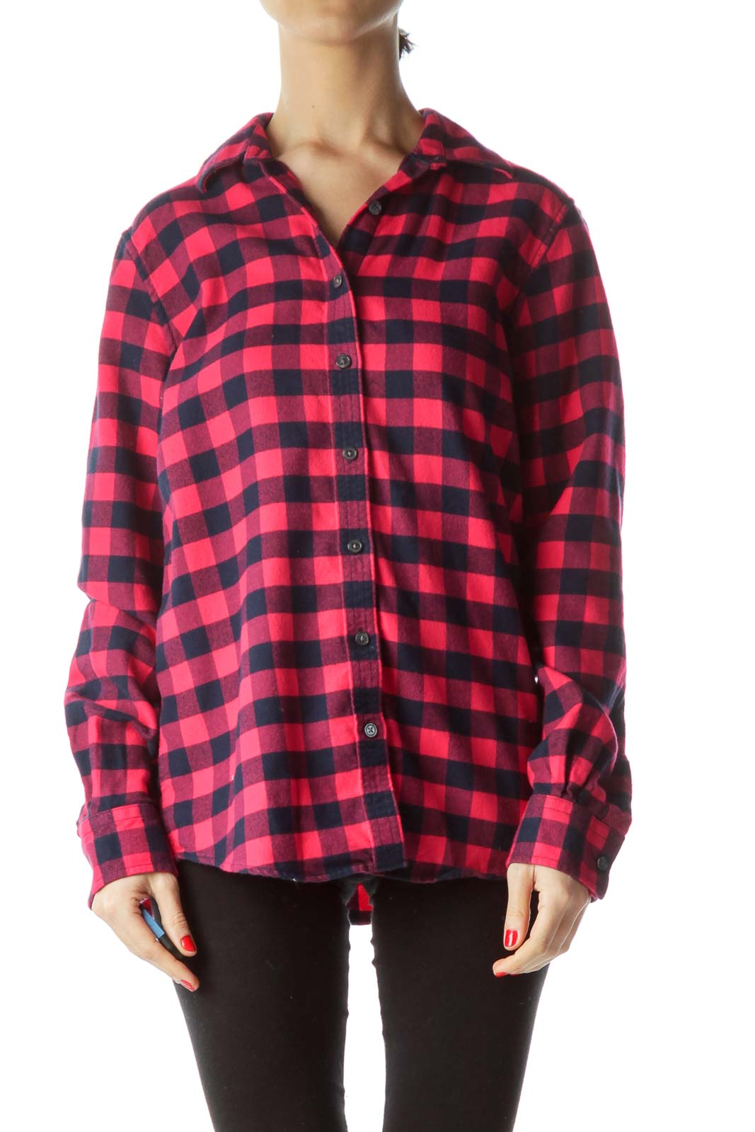 Front view of Lands' End red and navy buffalo check flannel shirt