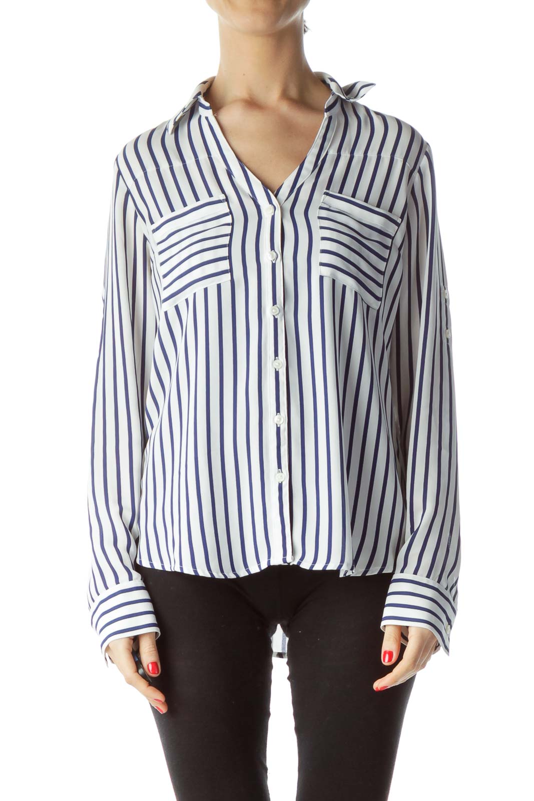 Front view of Express White and Navy Striped Button-Down Shirt