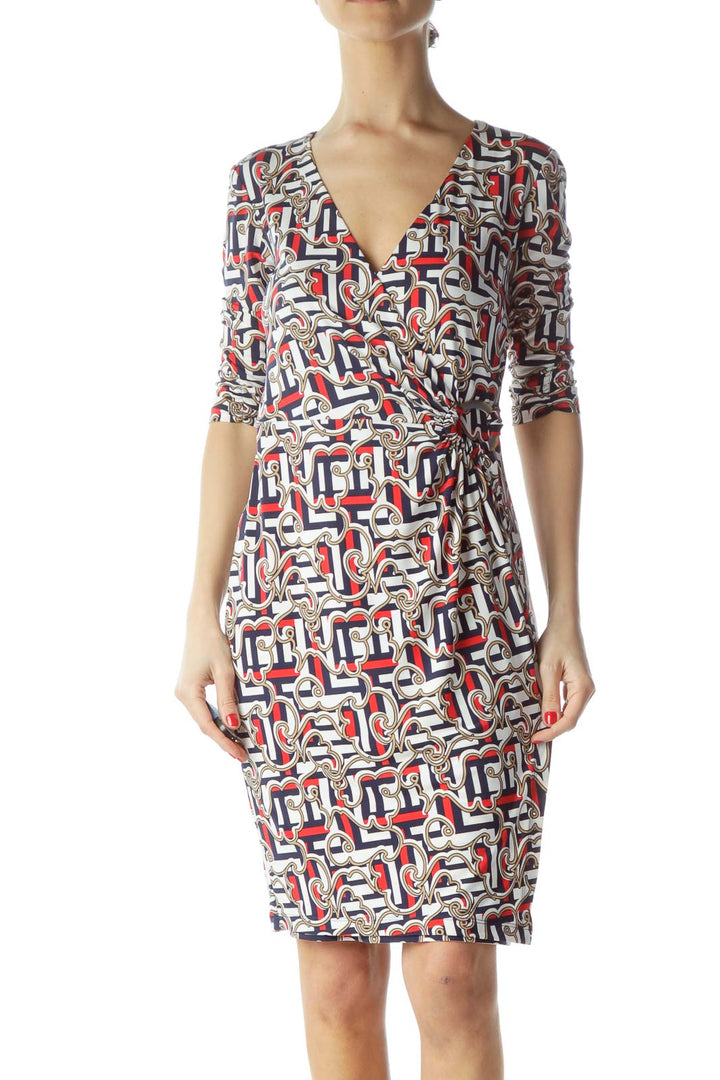 Navy Blue Red White Print Wrap Dress