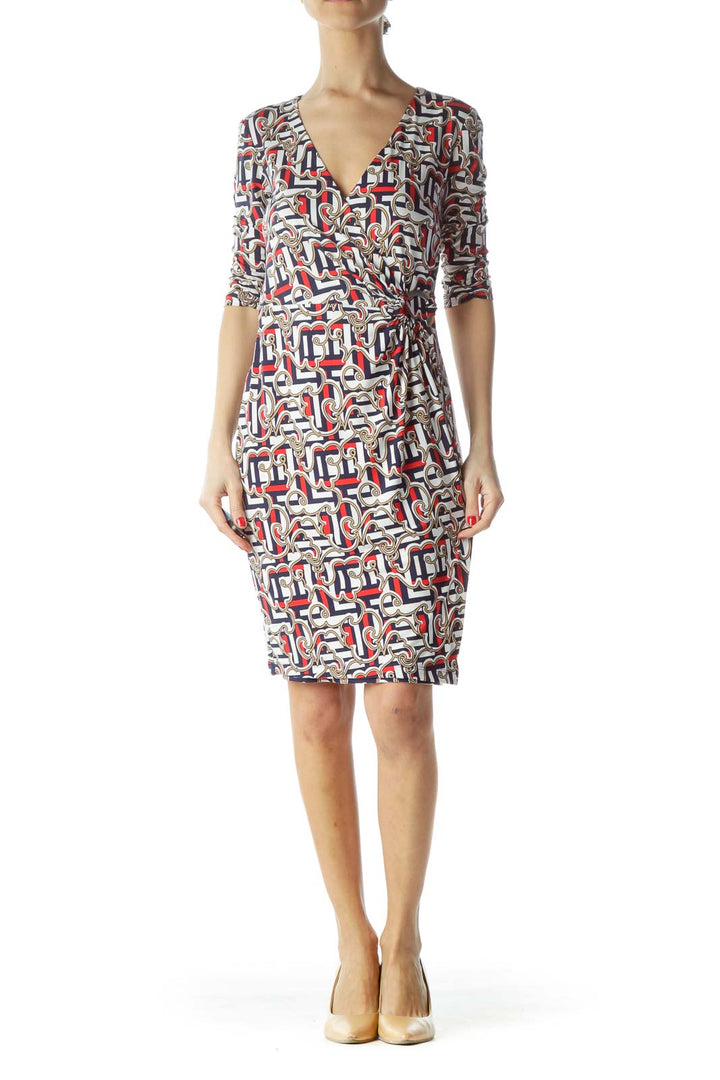 Navy Blue Red White Print Wrap Dress