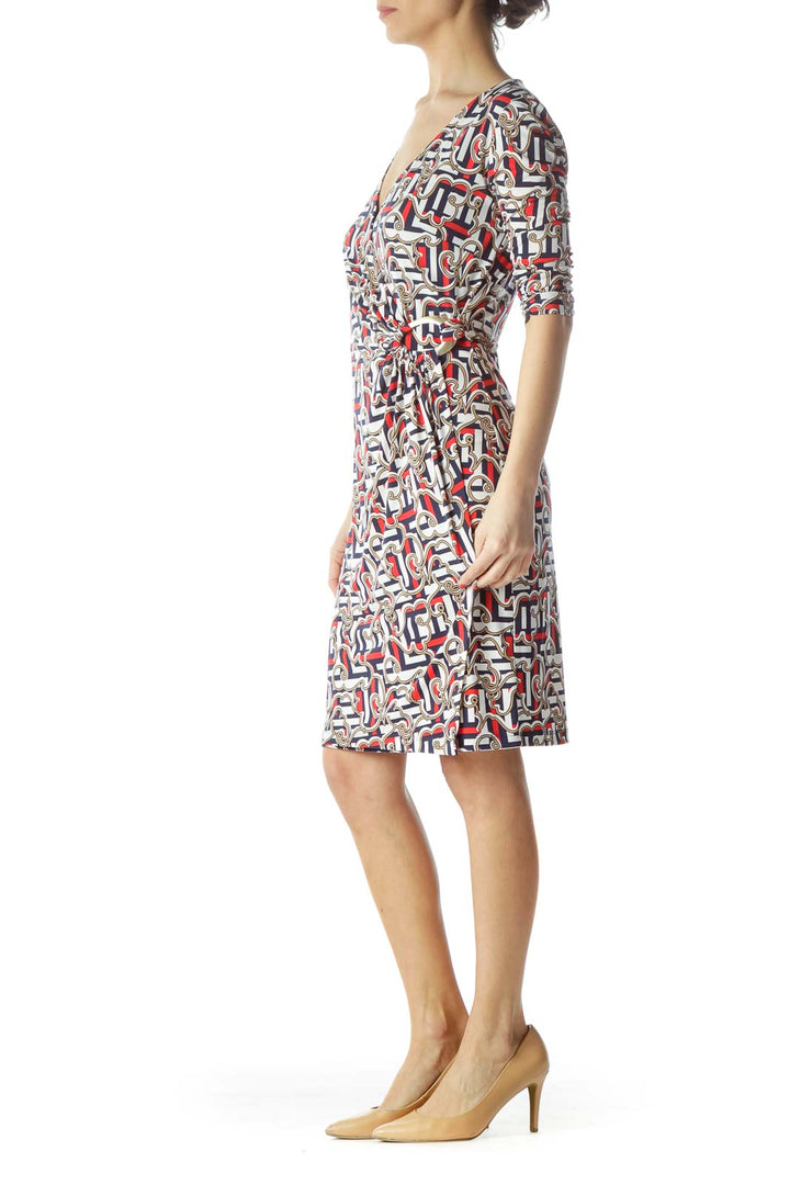 Navy Blue Red White Print Wrap Dress