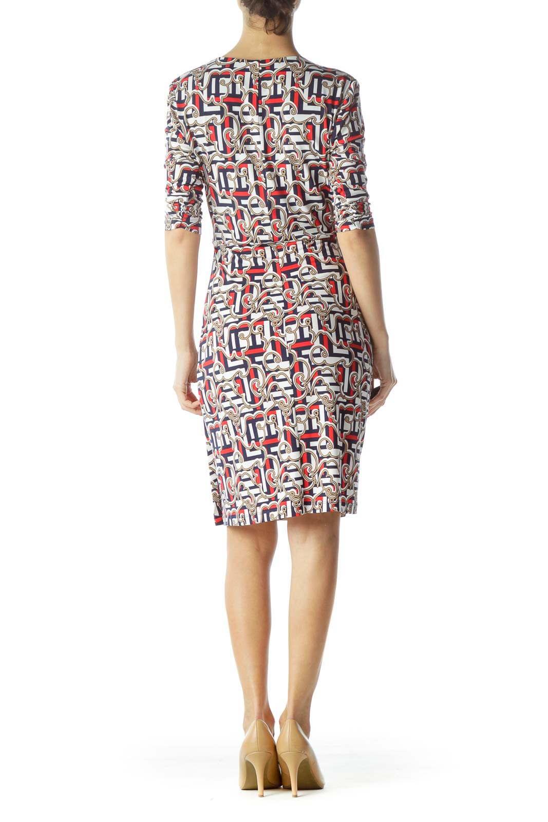 Navy Blue Red White Print Wrap Dress