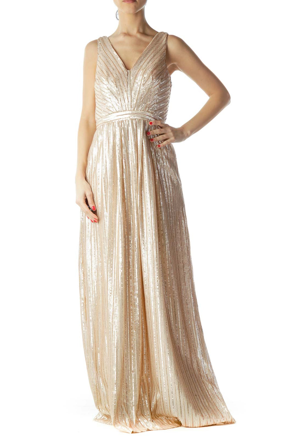 Front view of Weddington Way champagne sequin V-neck maxi dress