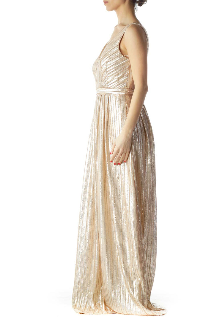 Front view of Weddington Way champagne sequin V-neck maxi dress