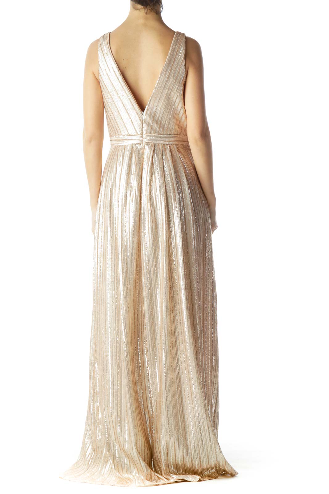 Back view of Weddington Way champagne sequin V-neck maxi dress with low back