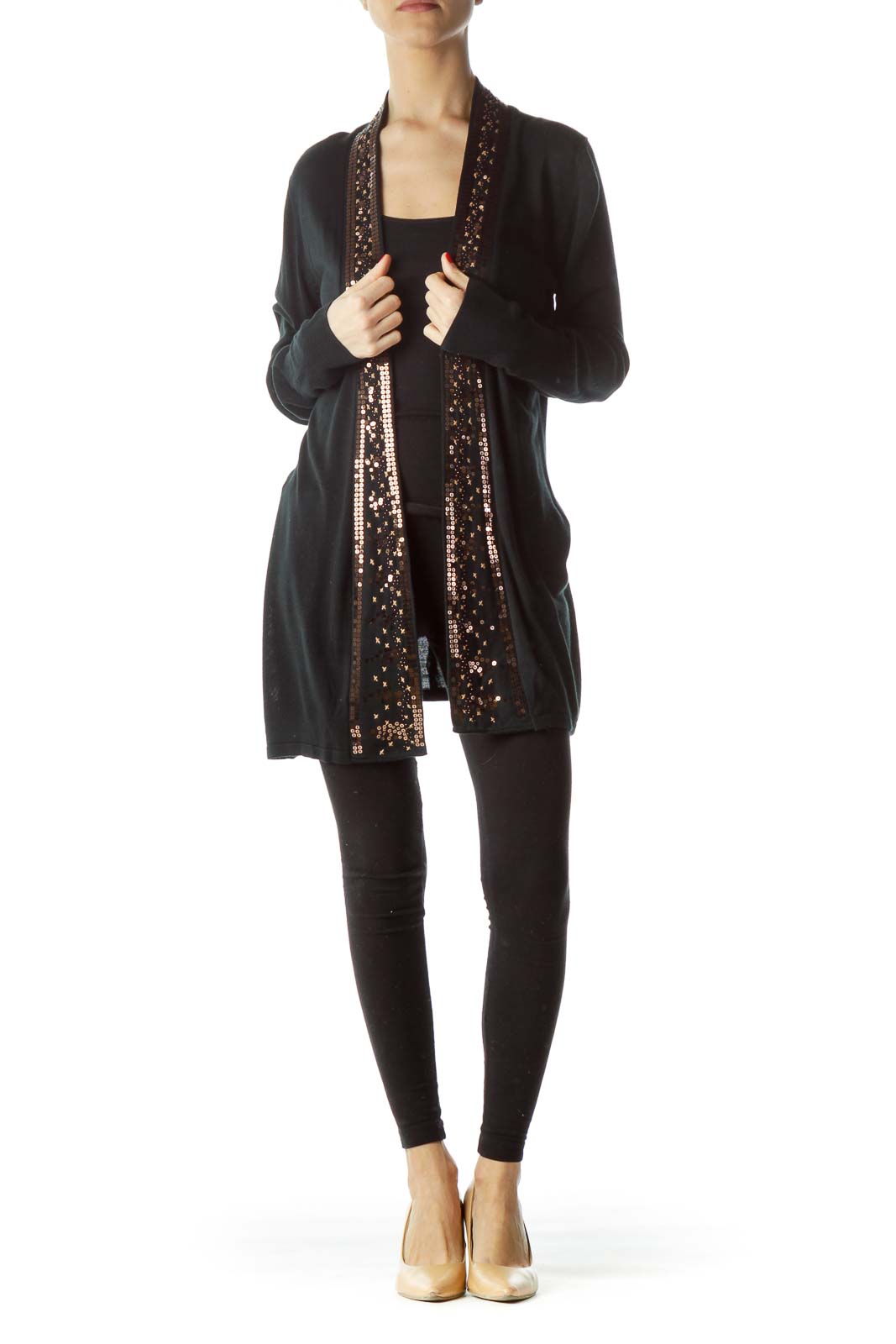 Black Brown Sequin Detail Open Long Sleeve Knit Cardigan