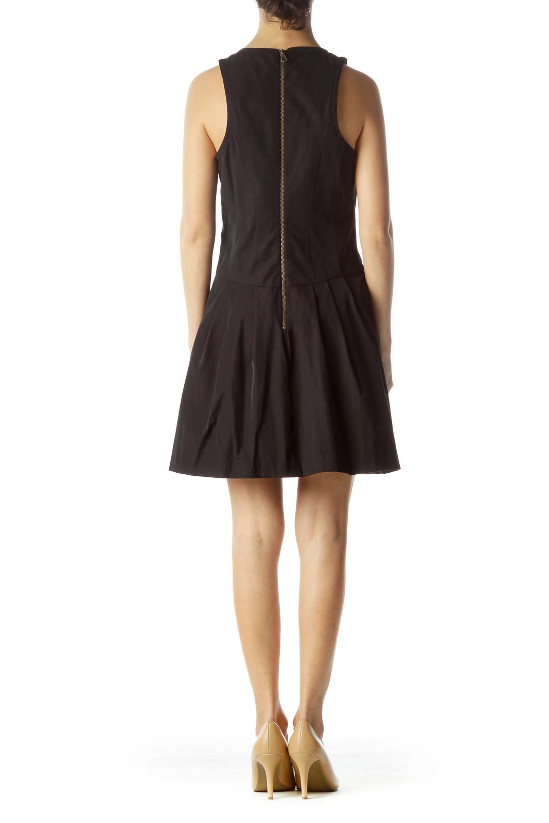 Back view of black sleeveless A-line dress by Nanette Lepore showing zip closure