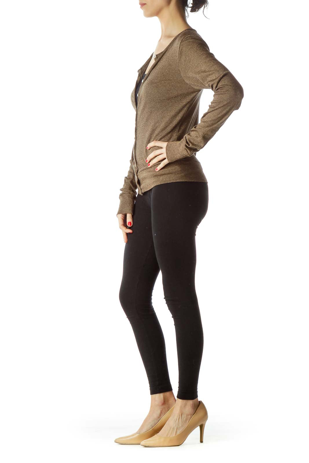 Brown Gold Metallic Thread Buttoned Knit Top