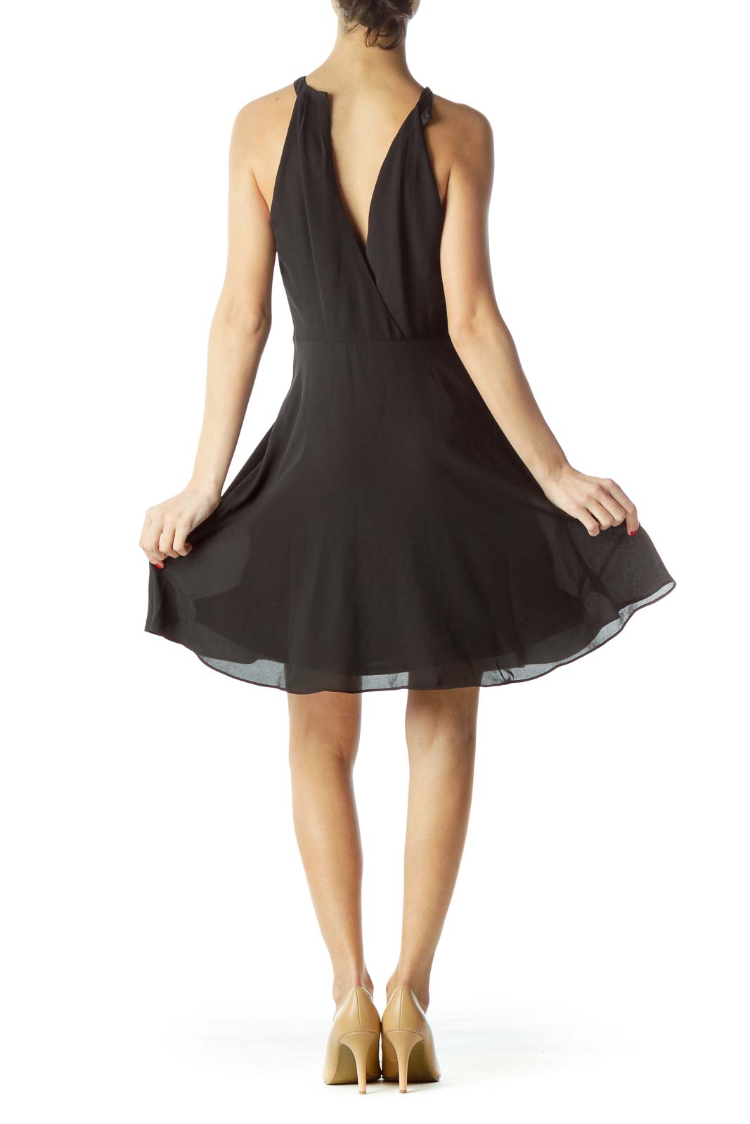 Black Pleated Bust Halter Neck Flared Dress