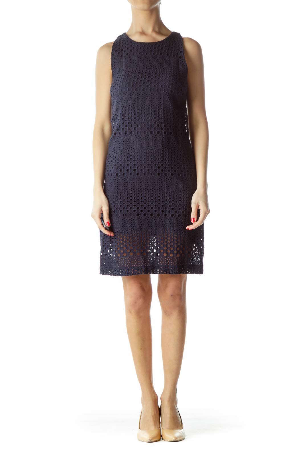 Front view of Sunday in Brooklyn navy eyelet lace sleeveless dress