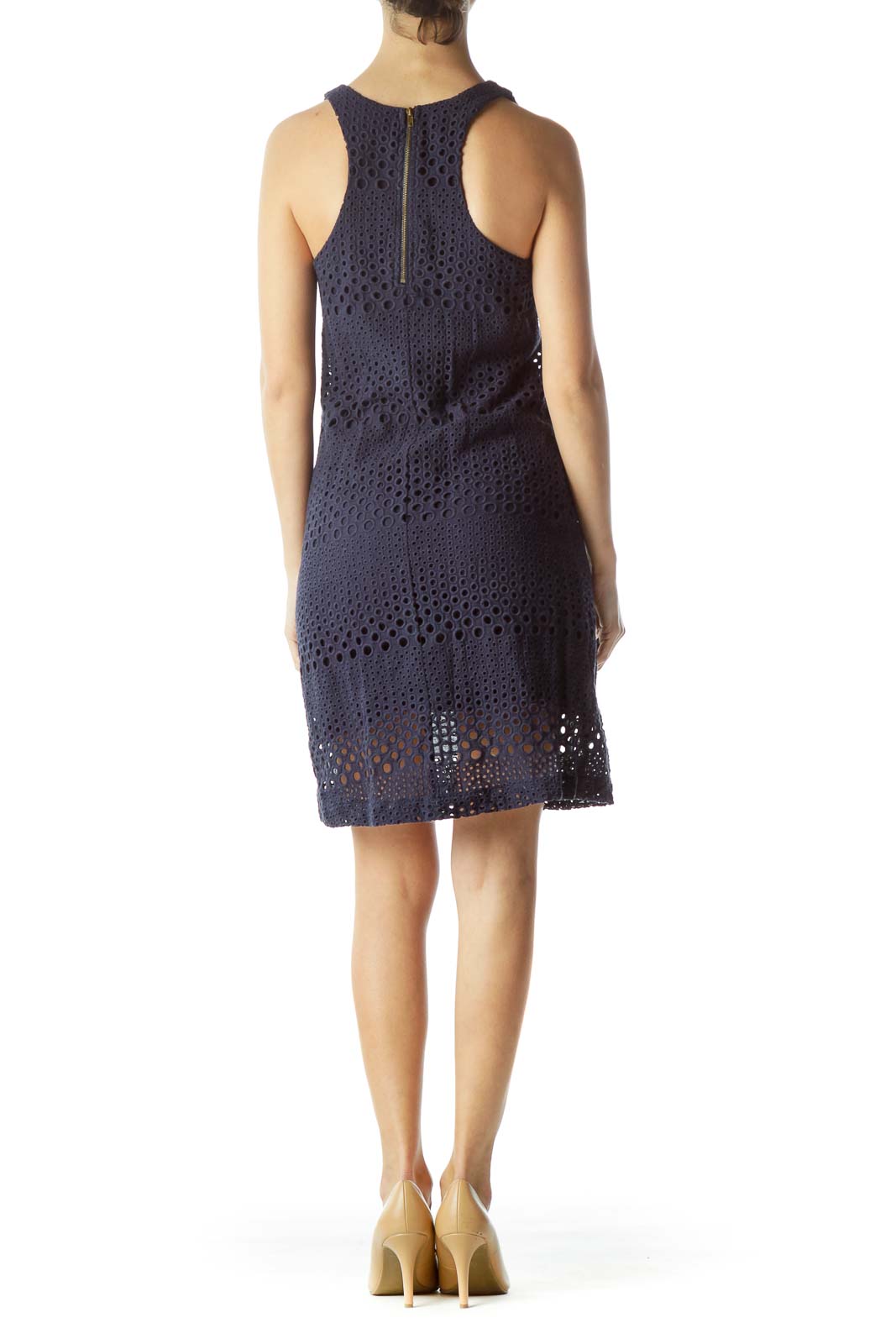 Back view of Sunday in Brooklyn navy eyelet lace sleeveless dress with zipper closure