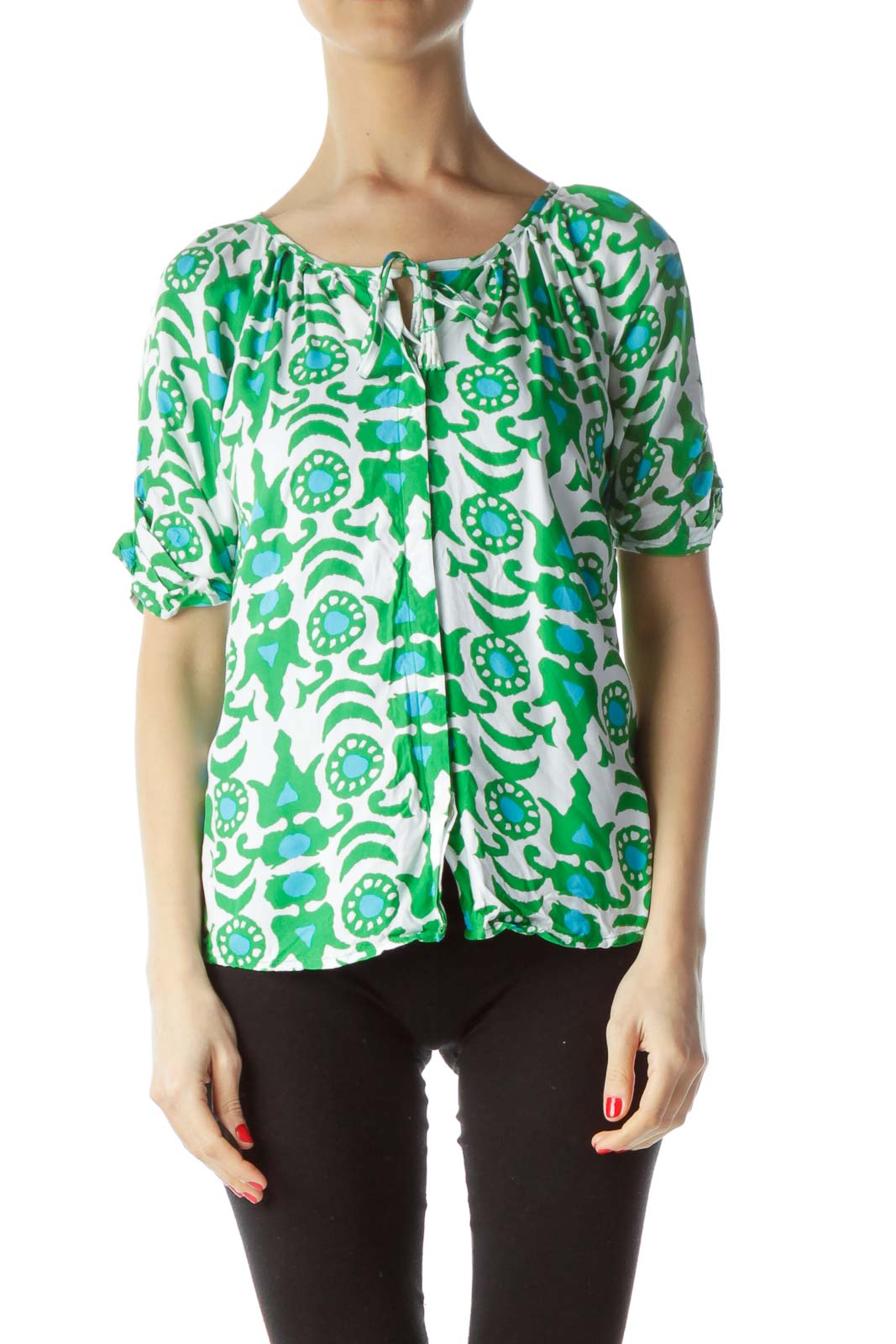 Front view of Escapada green floral print short sleeve blouse