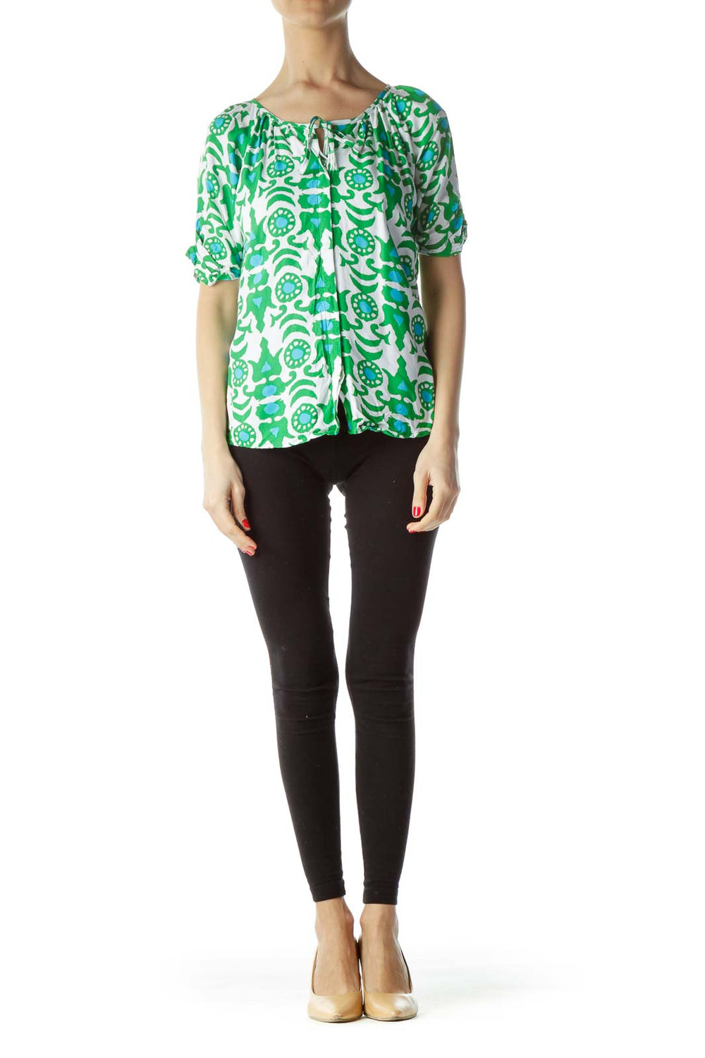 Front view of Escapada green floral print short sleeve blouse