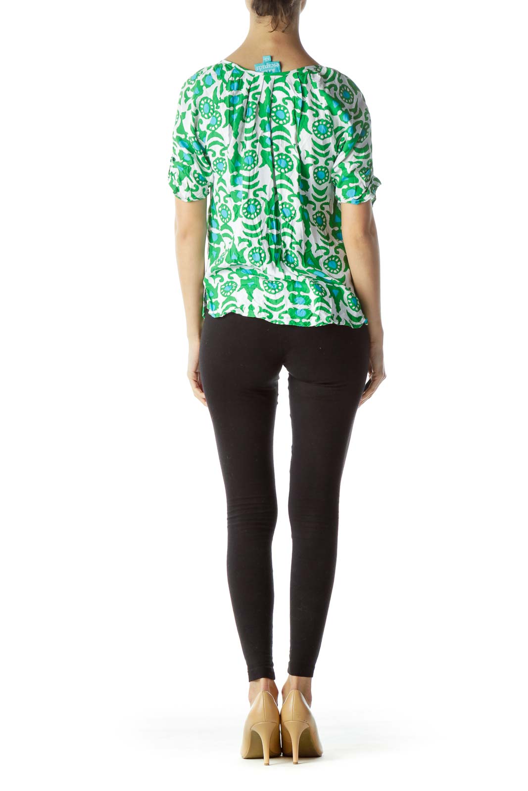 Back view of Escapada green floral print short sleeve blouse