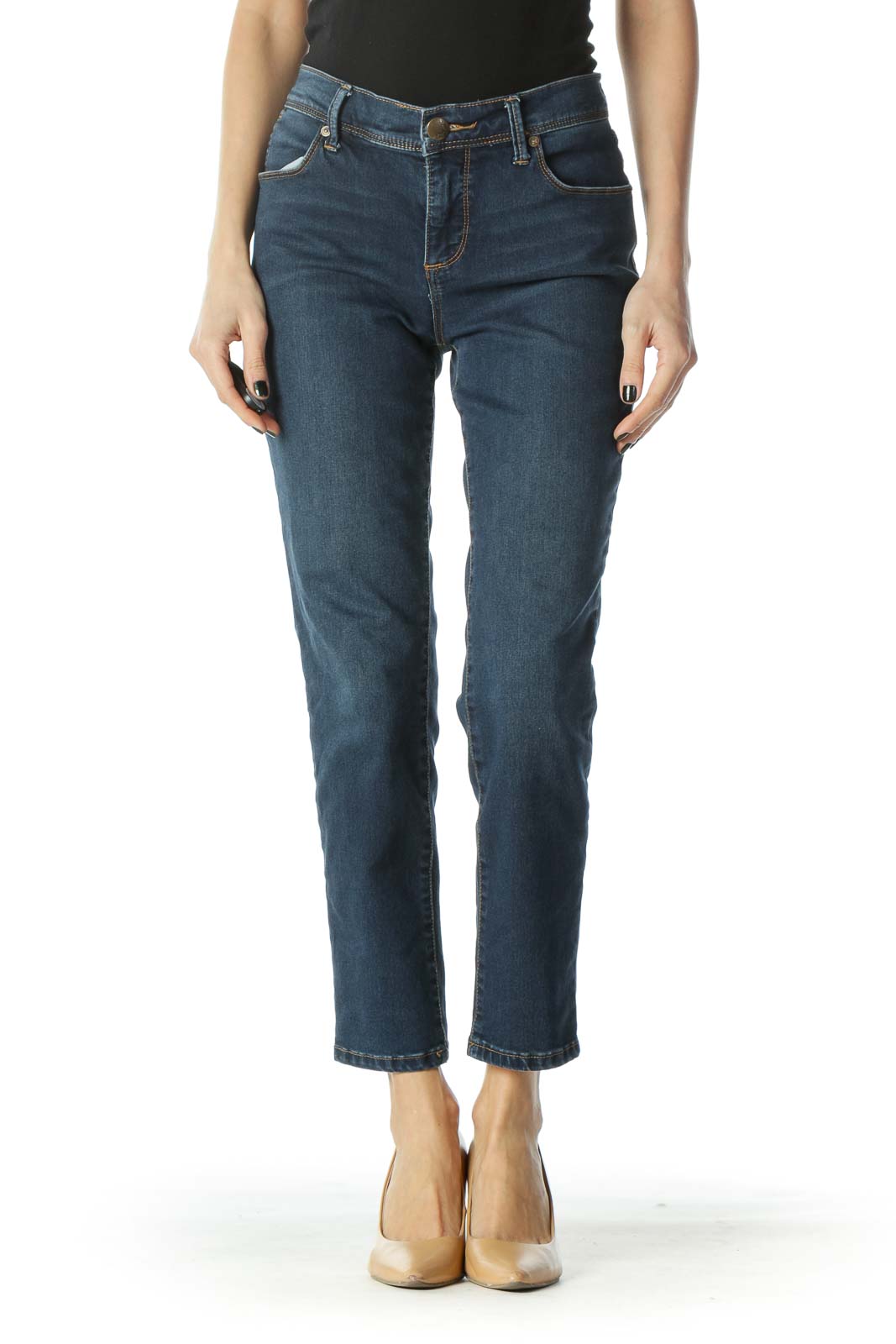 Front view of Free People blue straight leg jeans on model