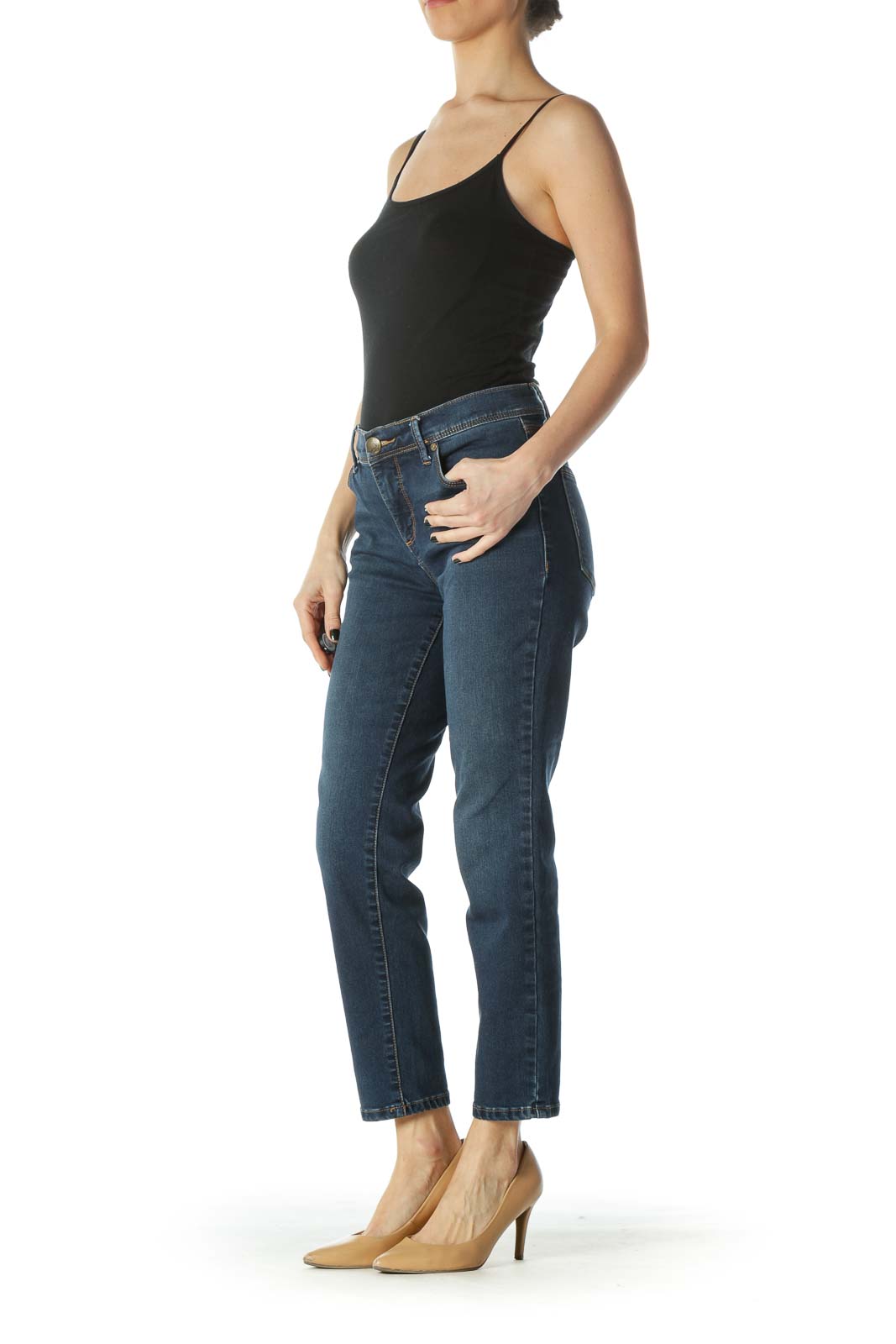 Front view of Free People blue straight leg jeans on model