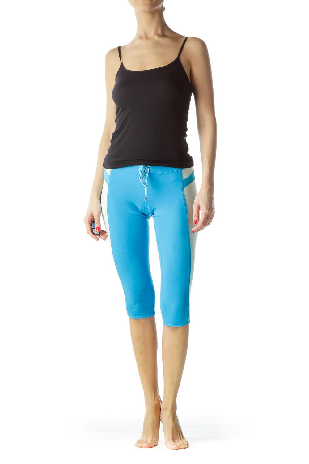 Front view of blue Lululemon capri activewear leggings