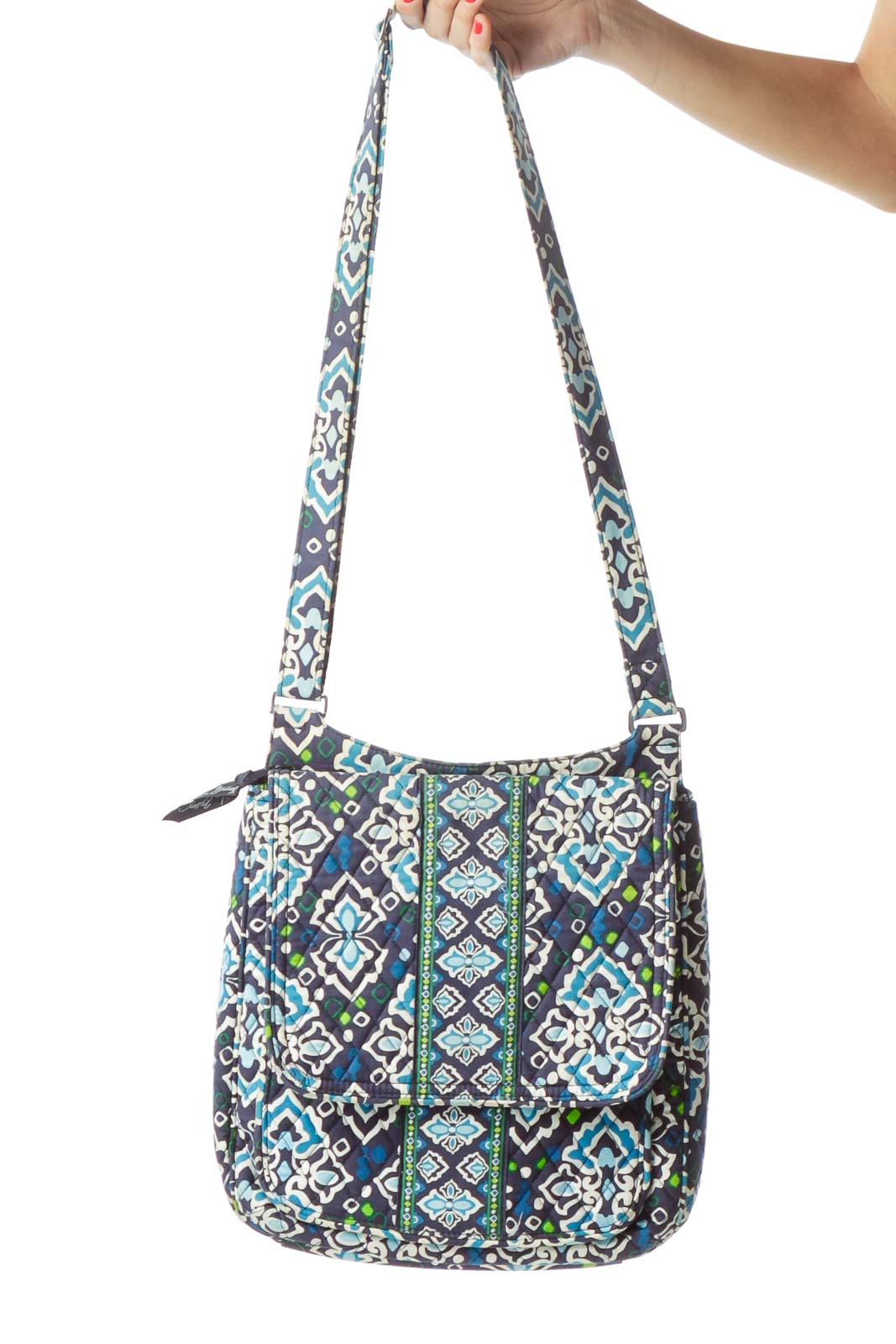 Front view of Vera Bradley blue patterned crossbody bag