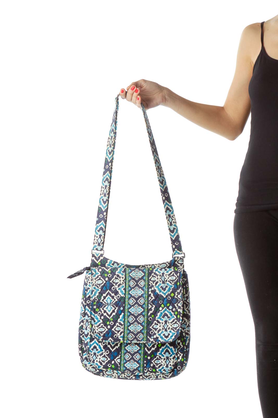 Front view of Vera Bradley blue patterned crossbody bag