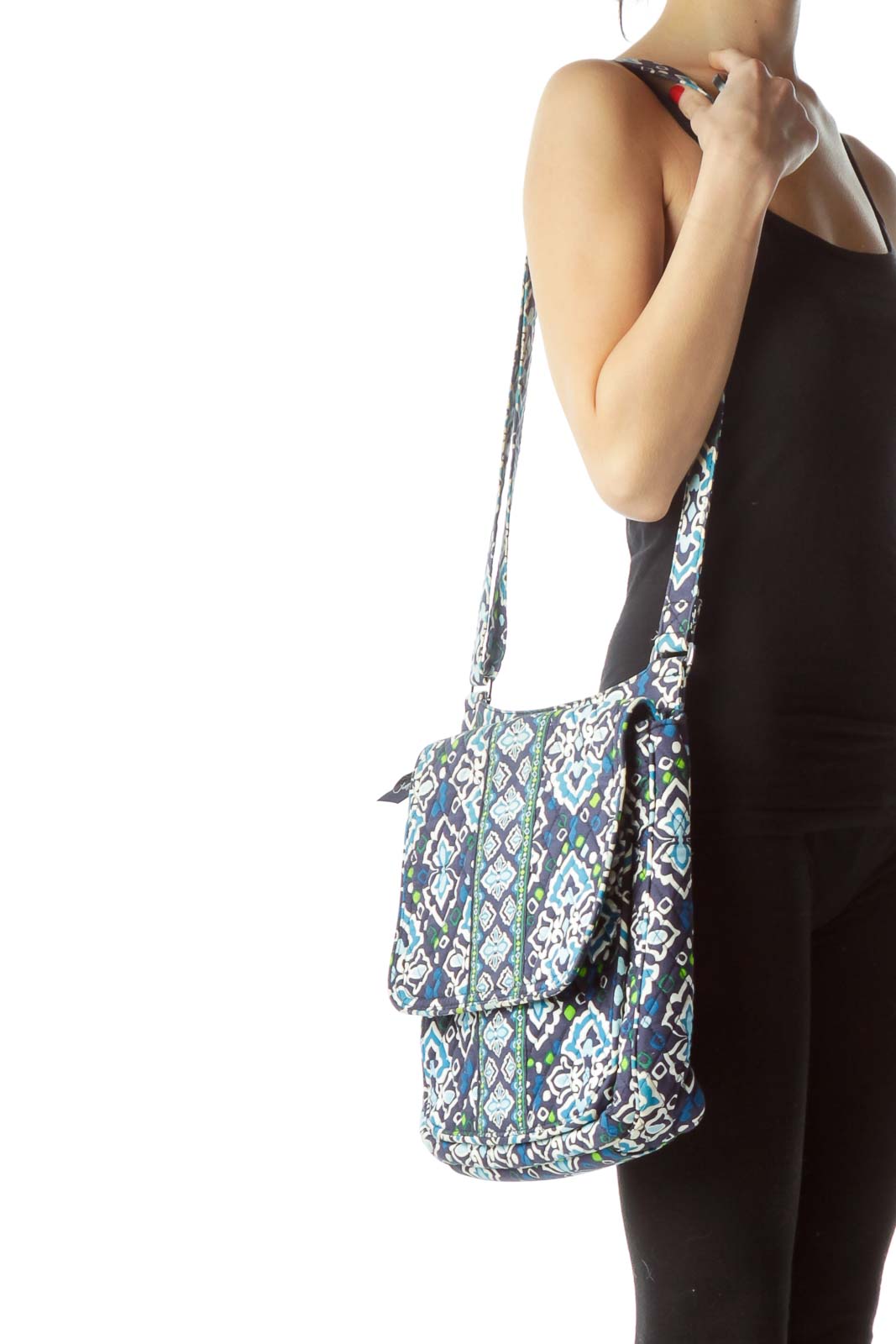 Front view of Vera Bradley blue patterned crossbody bag