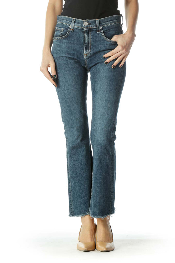 Blue Medium-Wash Frayed Hem High-Waisted Denim Jeans