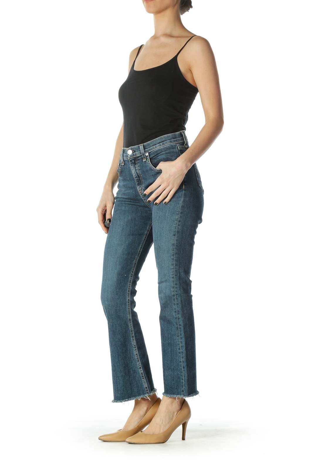 Blue Medium-Wash Frayed Hem High-Waisted Denim Jeans