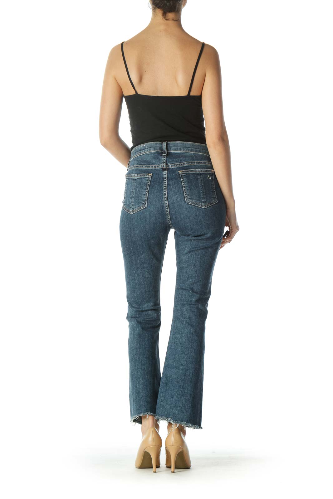 Blue Medium-Wash Frayed Hem High-Waisted Denim Jeans