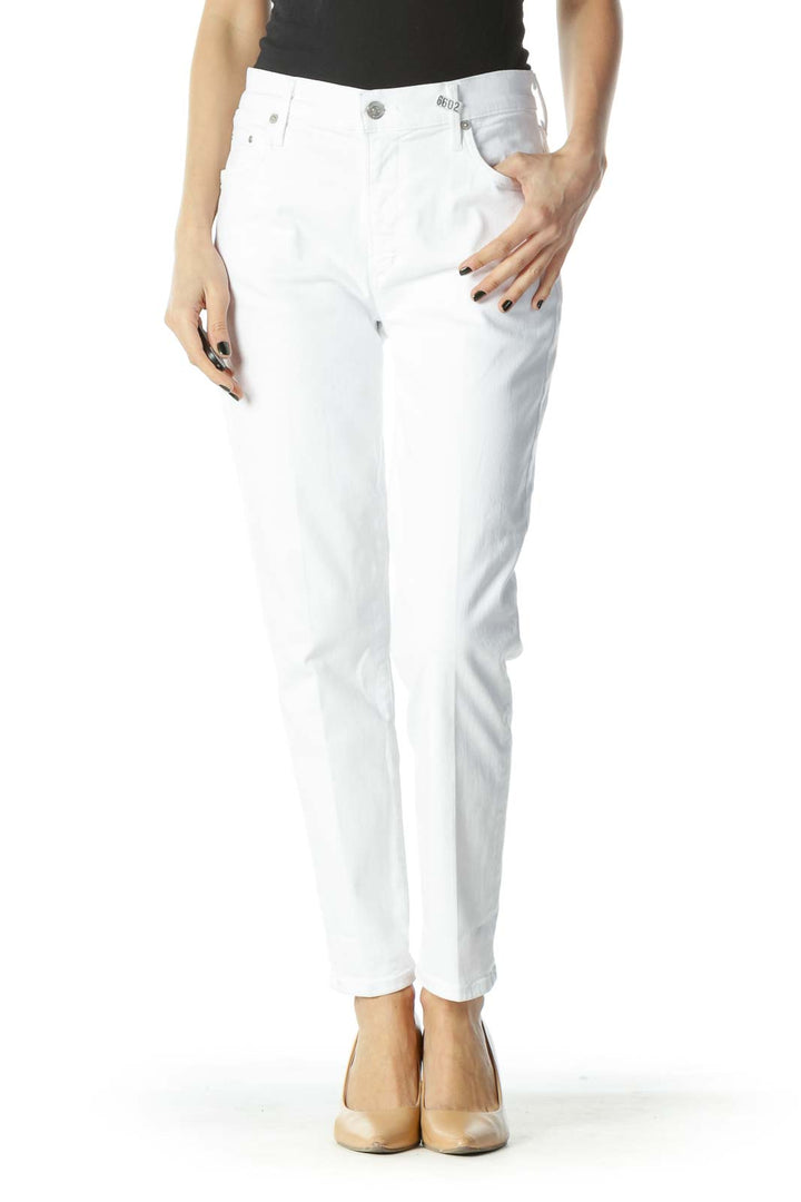 White Stretch Straight-Leg High-Waist Denim Jeans