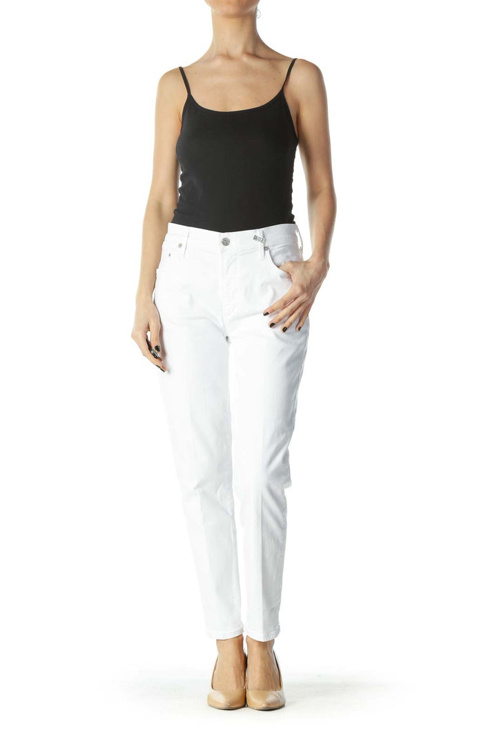 White Stretch Straight-Leg High-Waist Denim Jeans