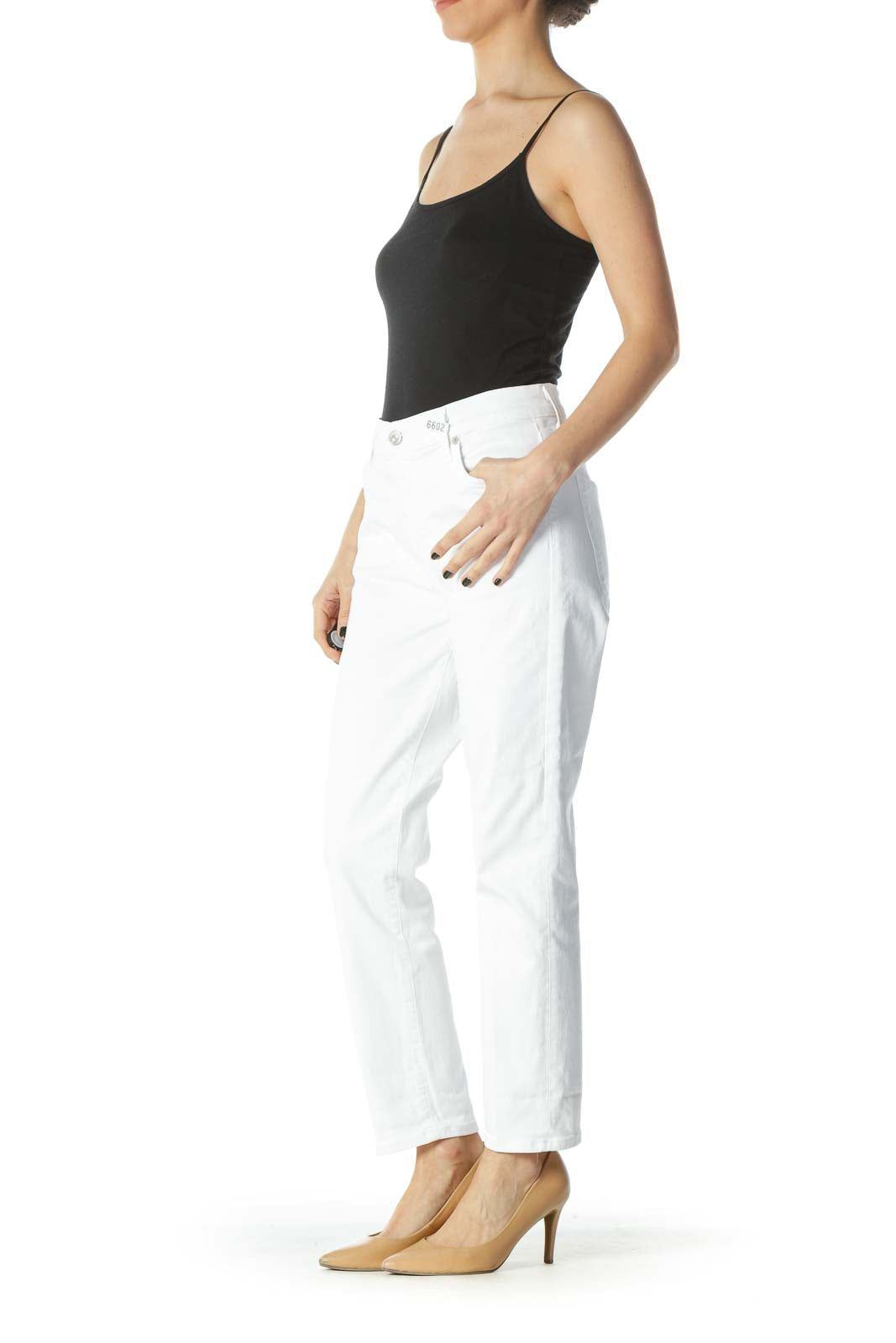 White Stretch Straight-Leg High-Waist Denim Jeans