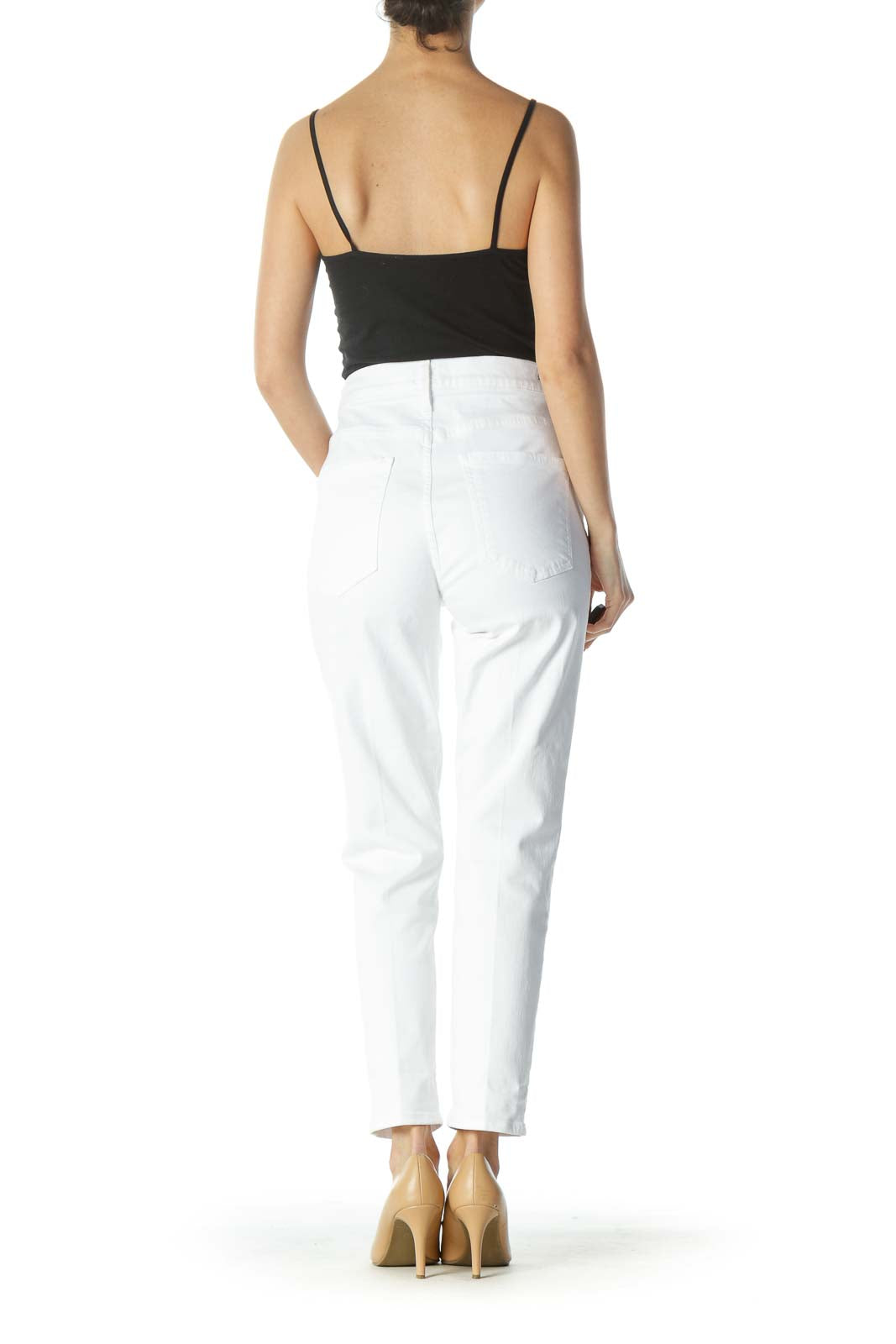 White Stretch Straight-Leg High-Waist Denim Jeans