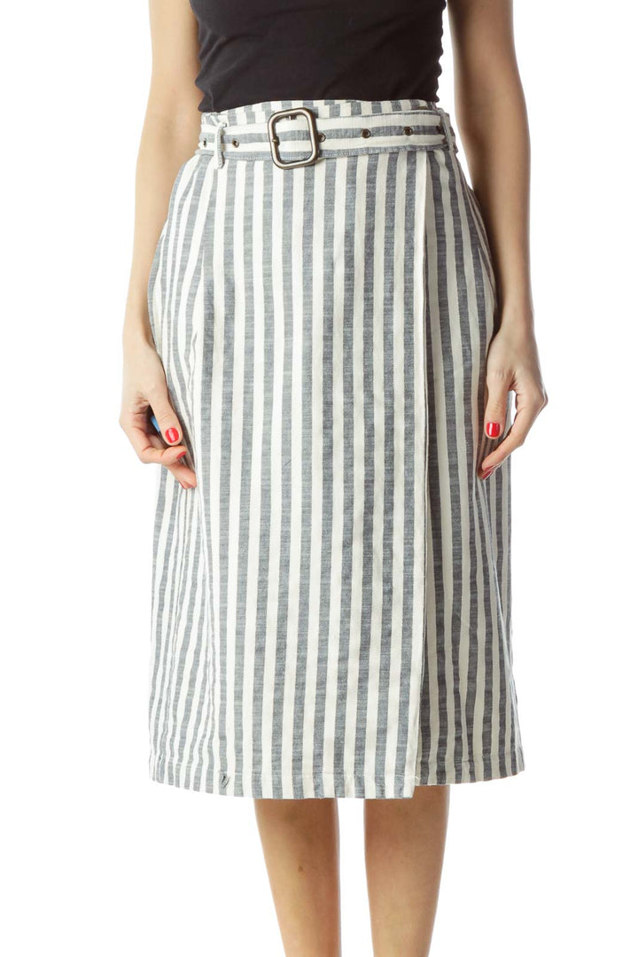 Navy Blue Cream Striped Belted Wrap Pencil Skirt