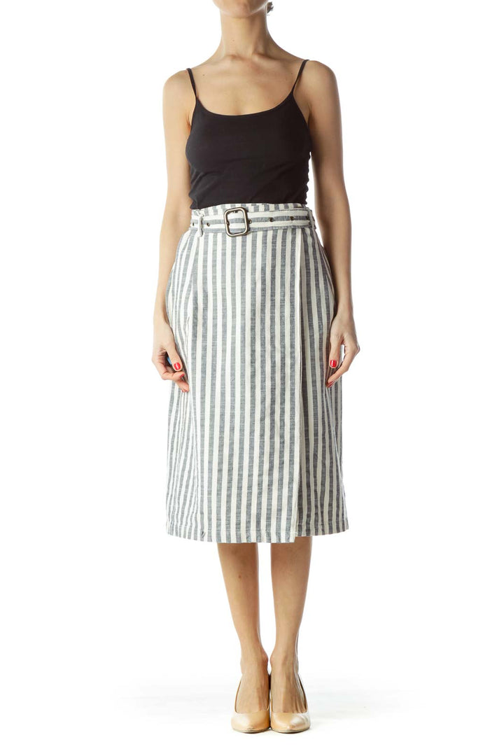 Navy Blue Cream Striped Belted Wrap Pencil Skirt