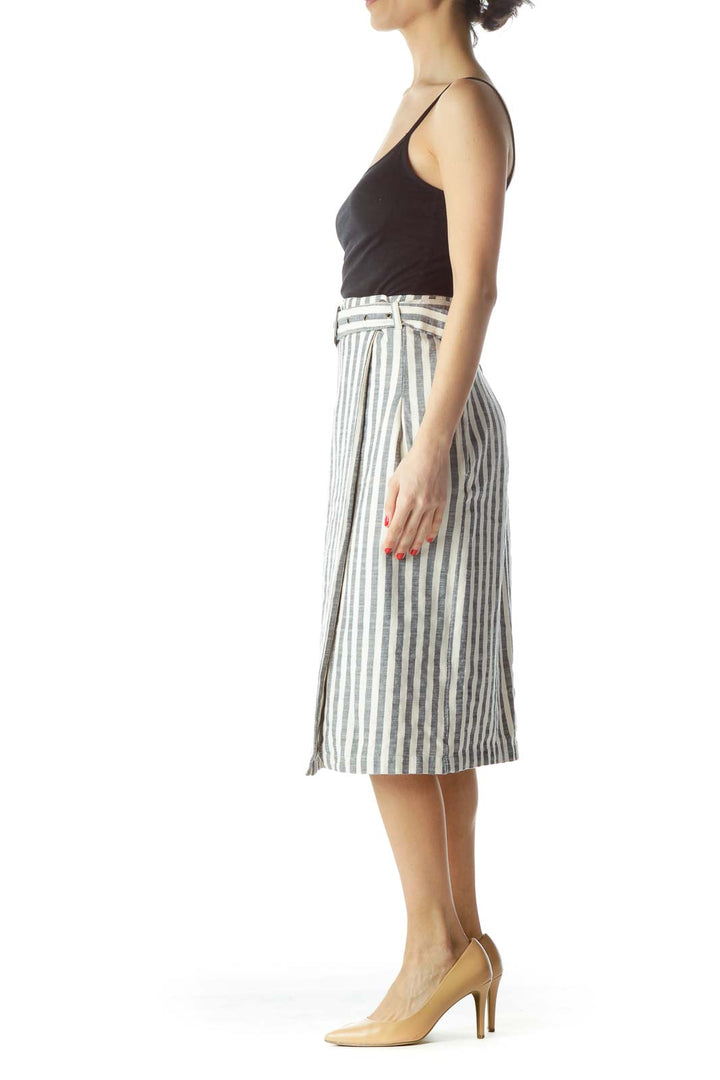 Navy Blue Cream Striped Belted Wrap Pencil Skirt