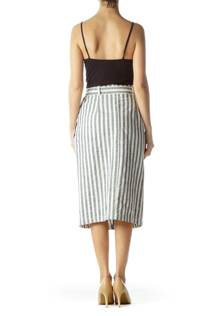 Navy Blue Cream Striped Belted Wrap Pencil Skirt