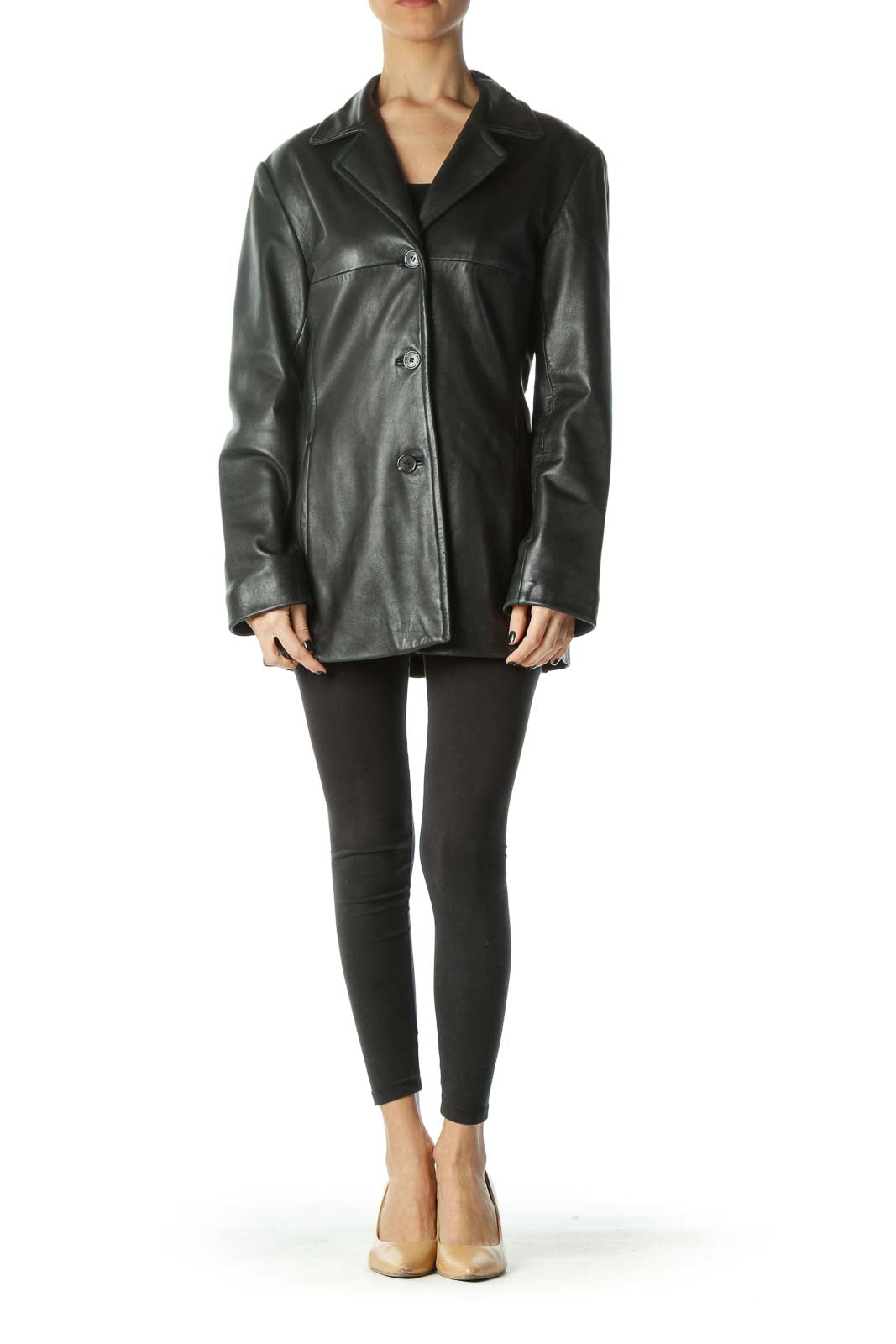 Black Buttoned Pocketed Leather Coat