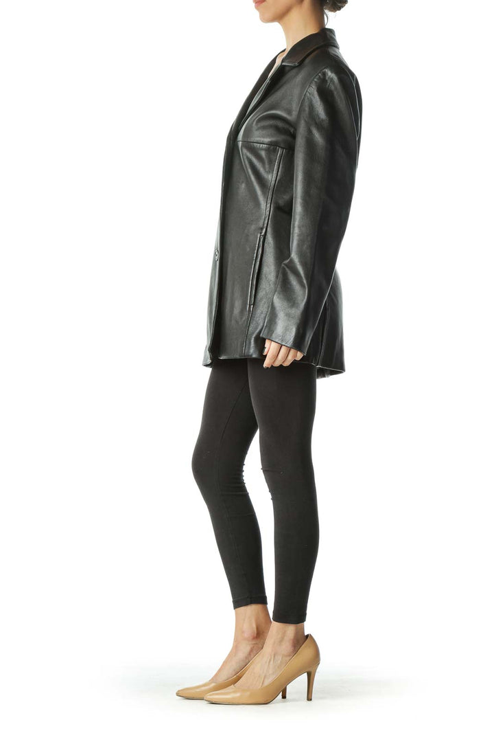 Black Buttoned Pocketed Leather Coat