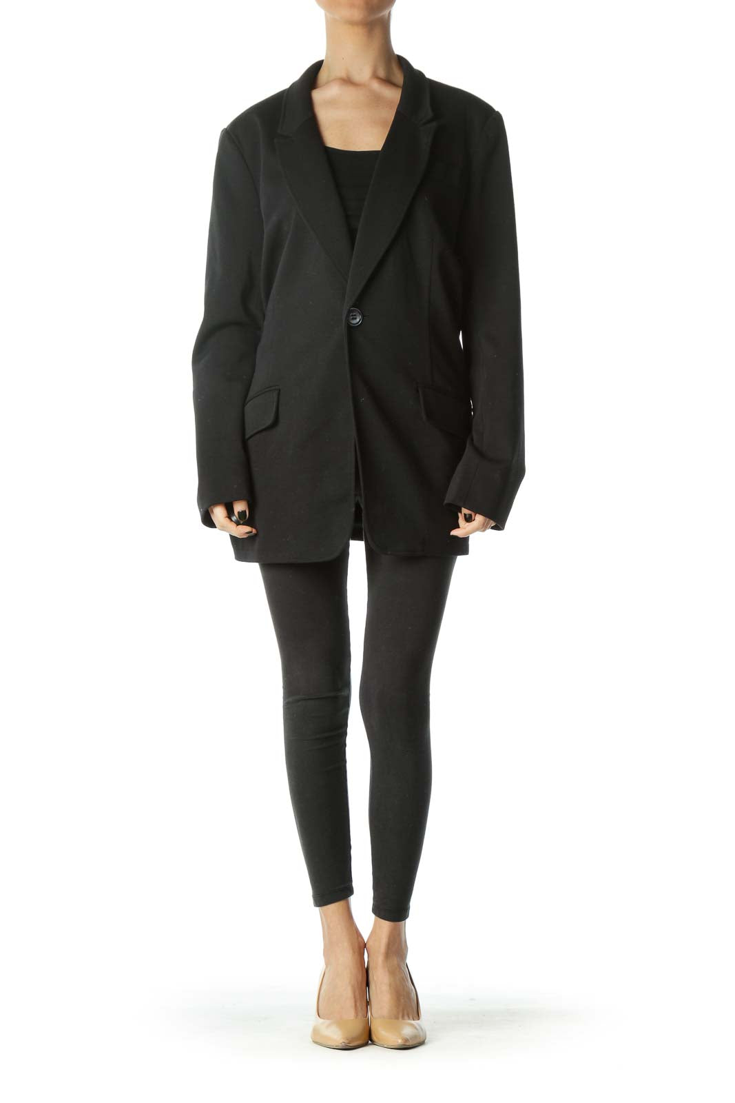 Black Collared V-Neck Buttoned Blazer