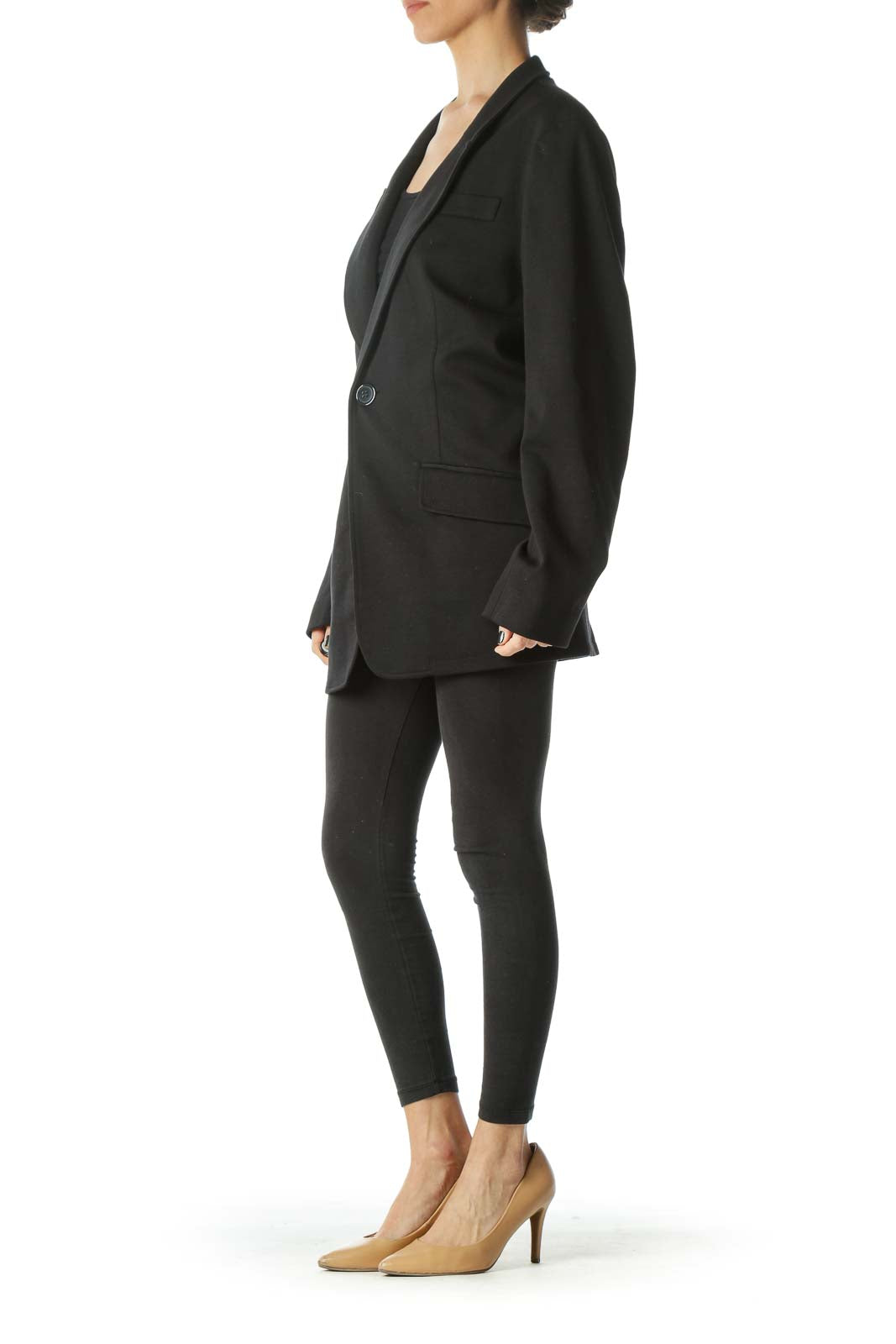 Black Collared V-Neck Buttoned Blazer