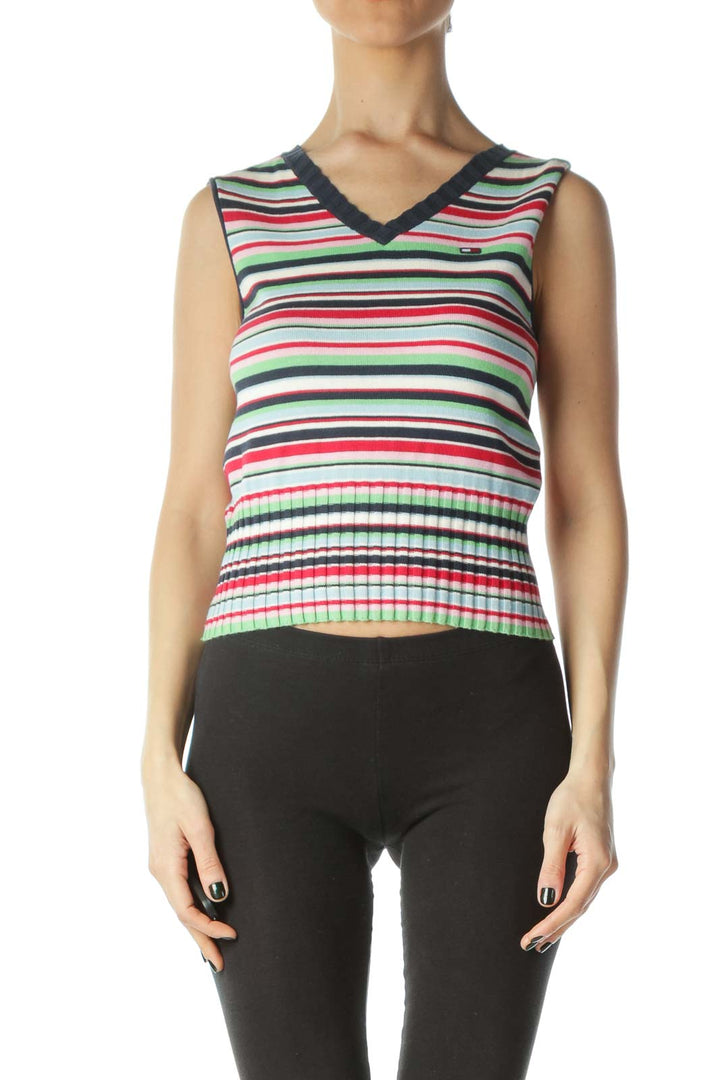 Multicolored 100% Cotton Striped Short Knit Vest