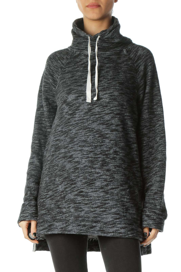 Black Gray White Knit Drawstring Pullover Sweater