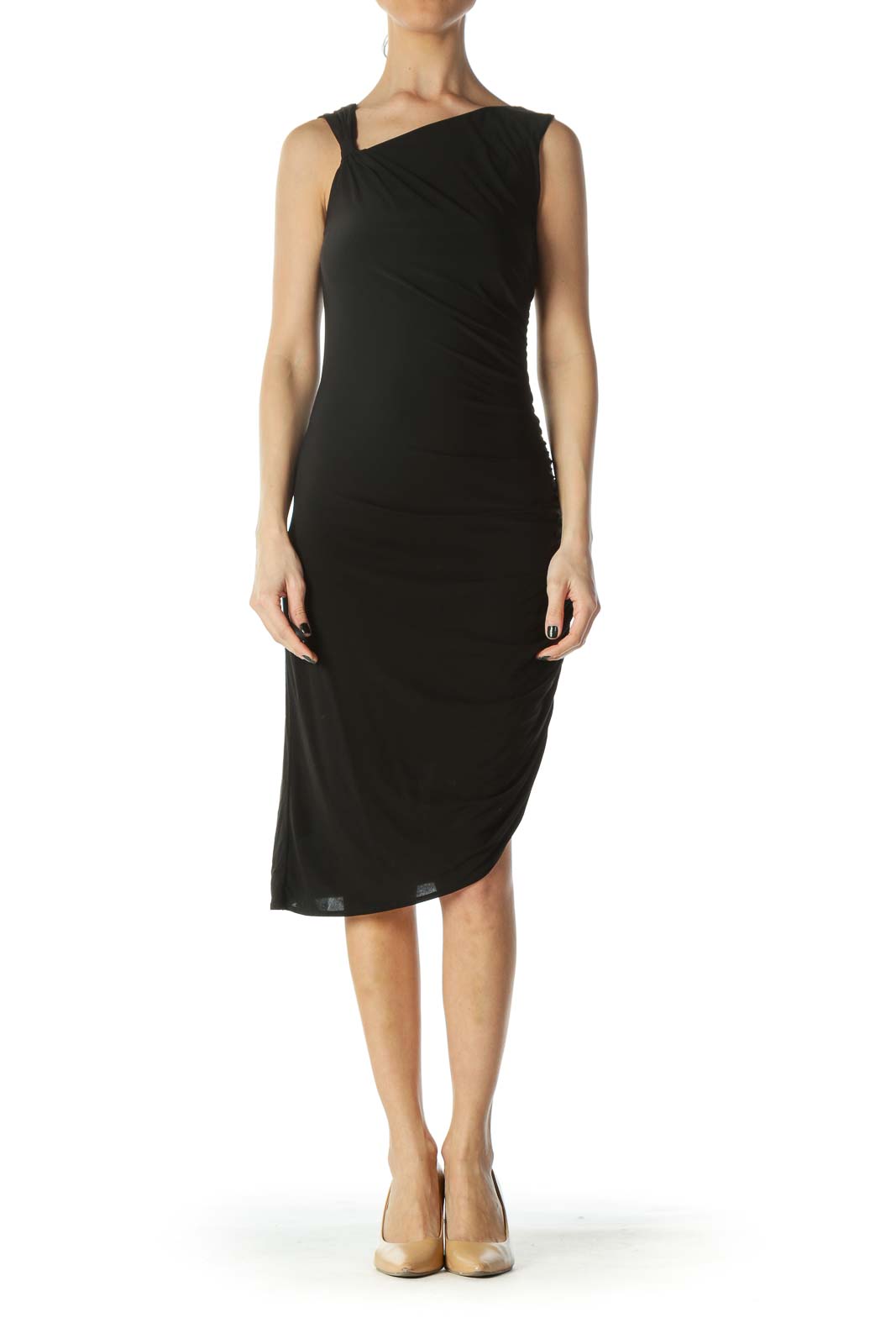 Black Round Neck Scrunched Stretch Dress