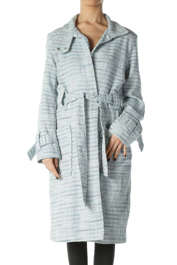 Blue White Textured Pocketed Long Belted Coat