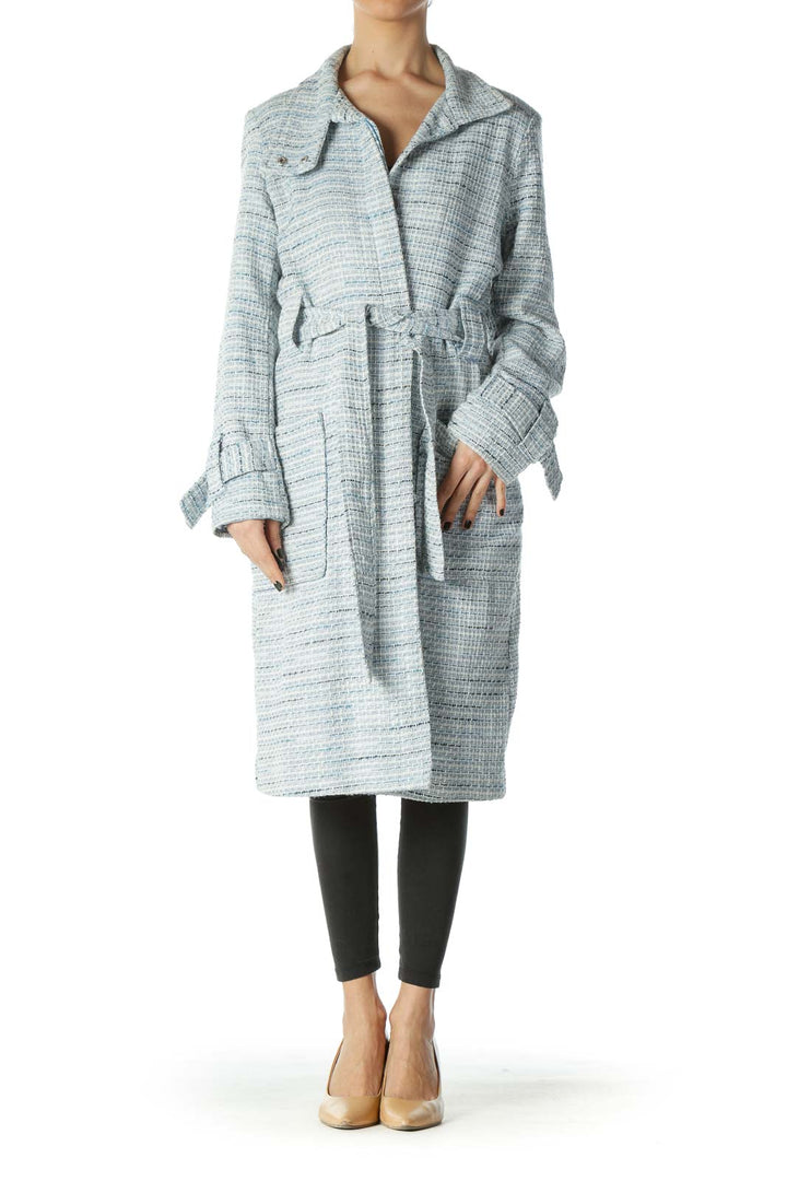 Blue White Textured Pocketed Long Belted Coat