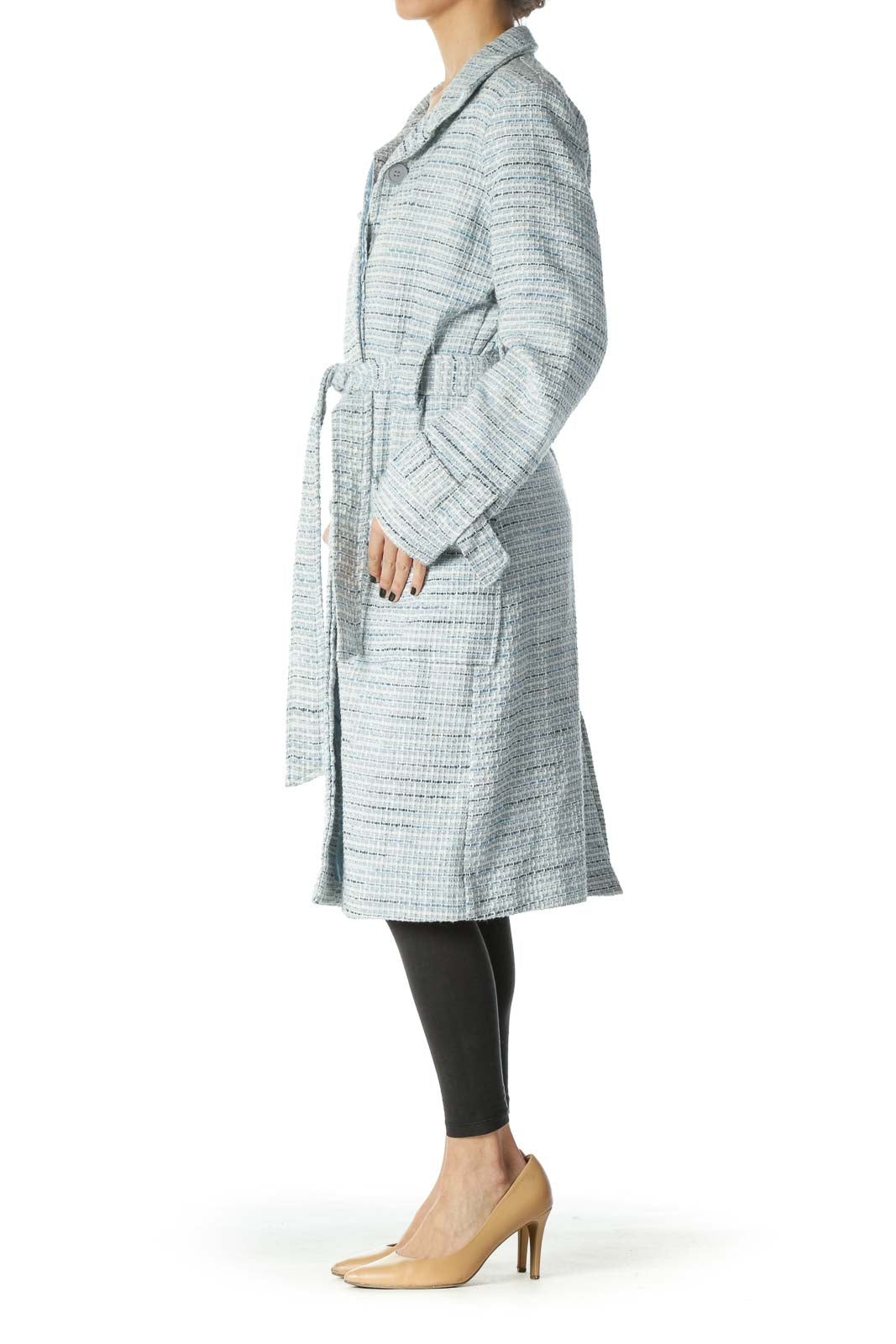 Blue White Textured Pocketed Long Belted Coat