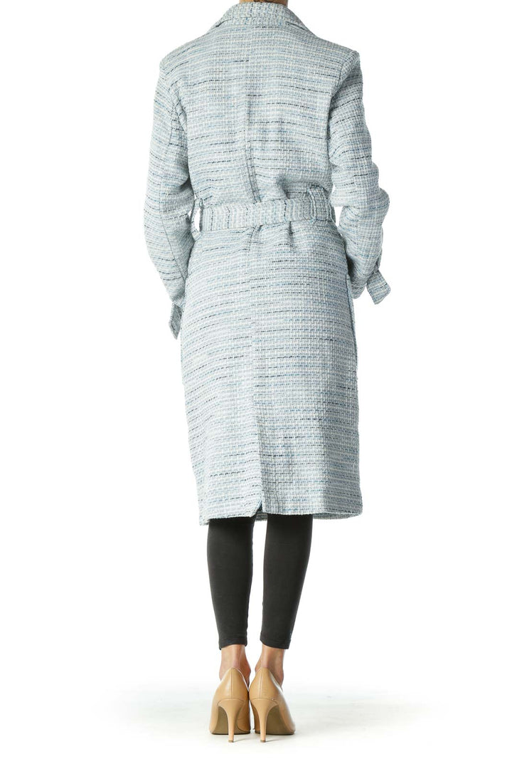 Blue White Textured Pocketed Long Belted Coat