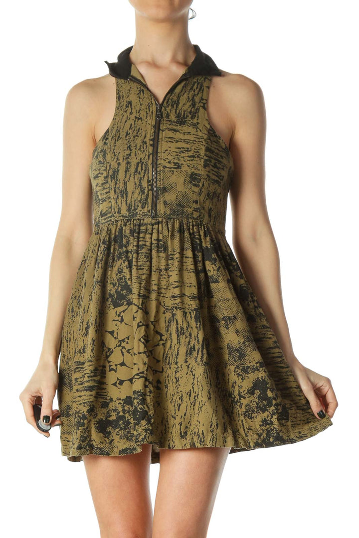 Black Green Print Zippered Day Dress