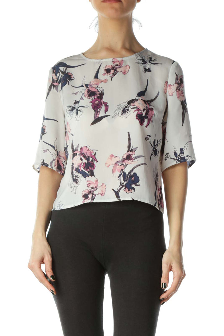 Cream Cropped Floral Blouse