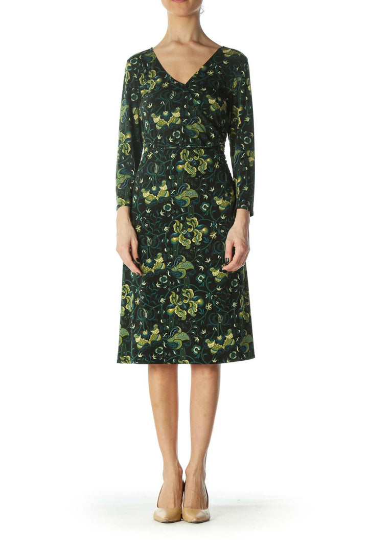 Black Green Yellow Print 3/4 Sleeve Day Dress