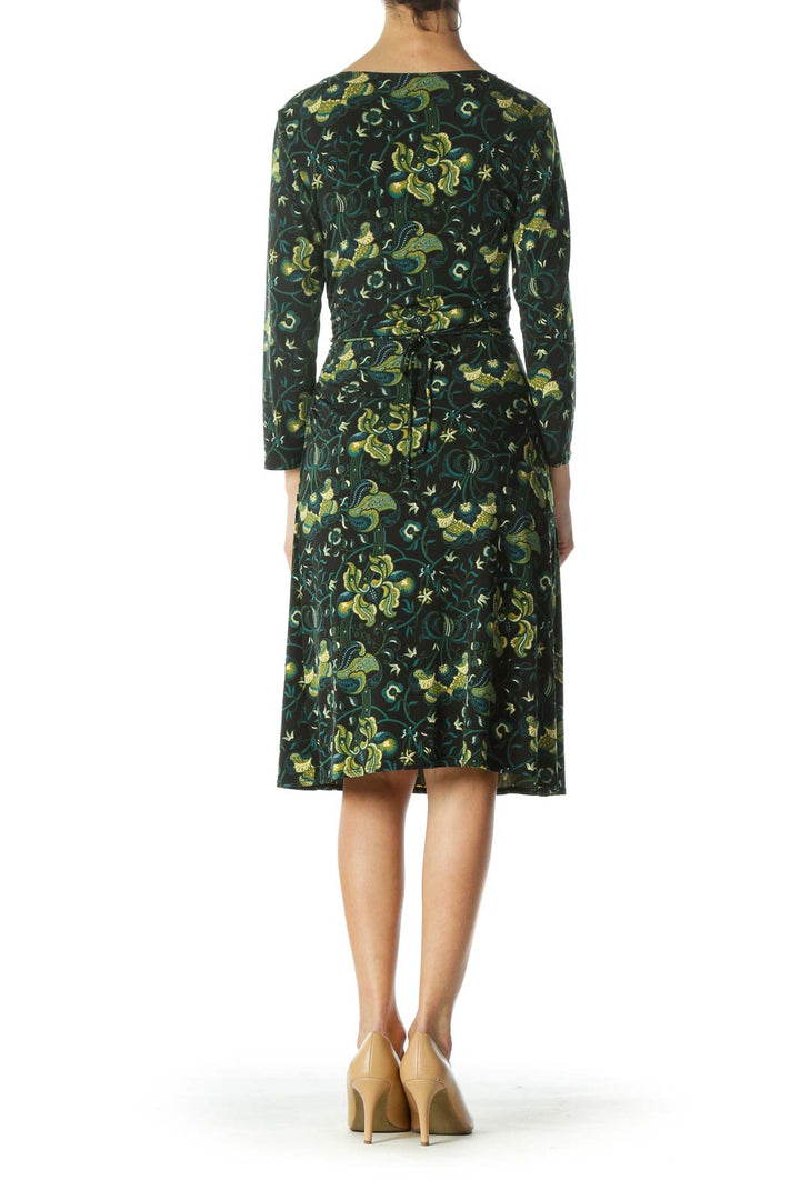 Black Green Yellow Print 3/4 Sleeve Day Dress